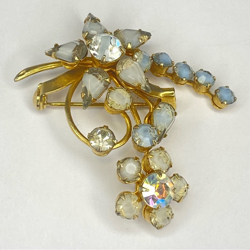 Vintage Coro Gold Tone Floral Brooch Givre and Aurora Borealis Rhinestones